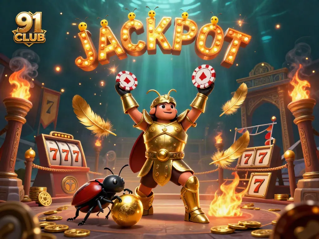 Engage with 91 CLUB's exciting casino gaming scene featuring a beetle champion and vibrant jackpot.