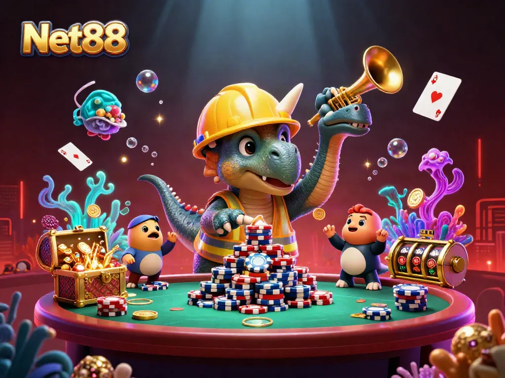 Net88 casino scene with colorful poker chip pyramid and dynamic casino elements for active engagement.