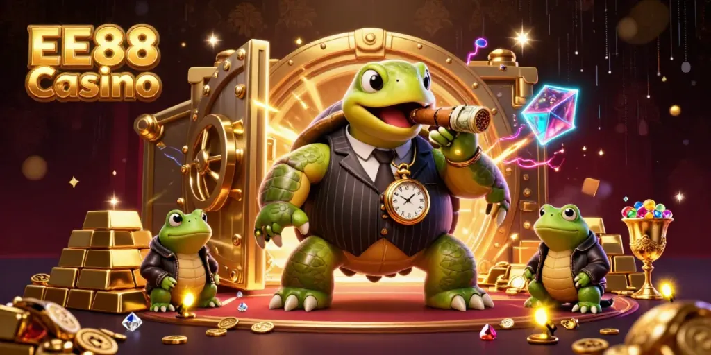 Experience thrilling gameplay at EE88 Casino with an illustration featuring a mobster turtle and bullfrog enforcers.