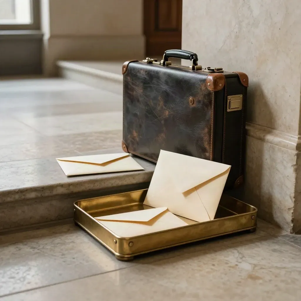 Brass tray with sealed envelopes and leather case on courthouse stone steps in soft morning light.