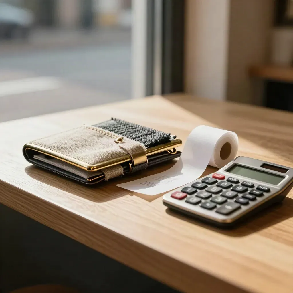 Trade samples and a closed portfolio wallet on a shop counter in warm afternoon light.