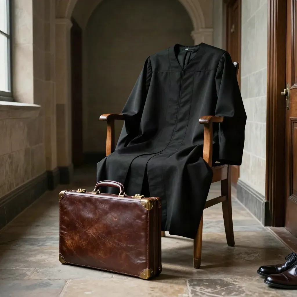 Gown on chair with briefcase in a stone courthouse corridor, low angle.