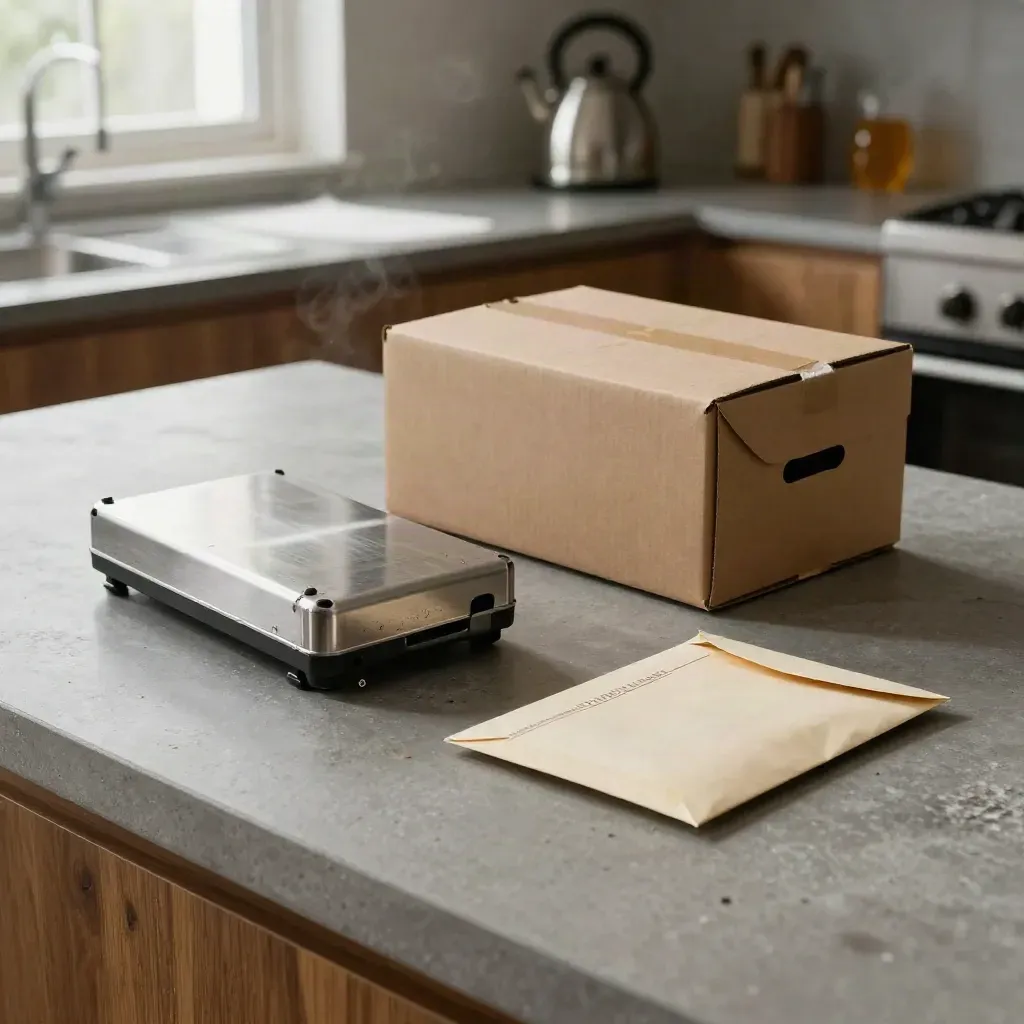 Scratched appliance part, dented parcel box and face-down refund envelope on a moody kitchen counter.