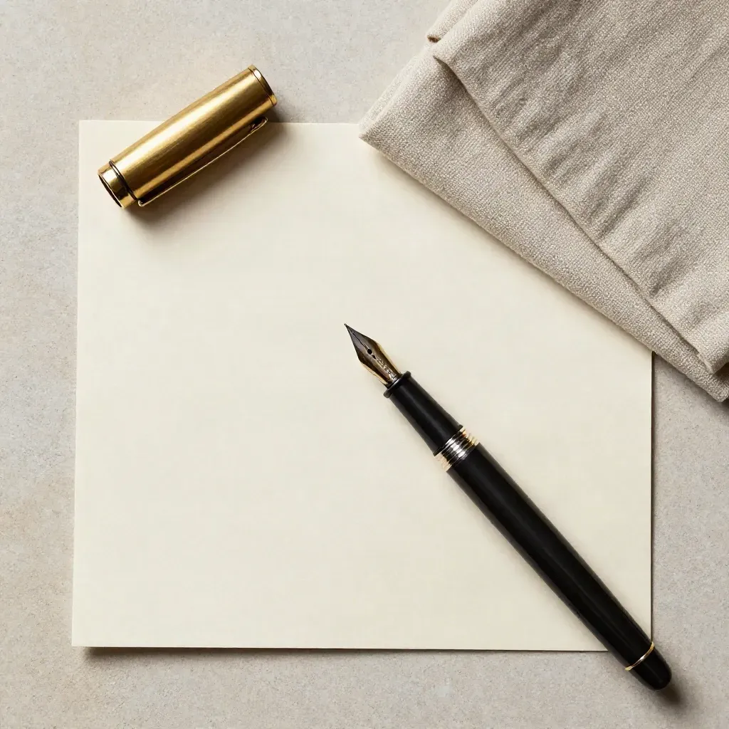 Overhead still-life of pen, drafting paper, brass paperweight and linen cloth on stone.