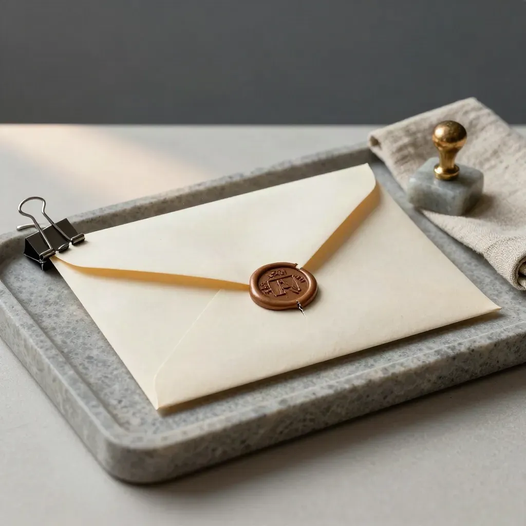 Cracked wax-sealed envelope with binder clips and stone paperweight on a stone tray.