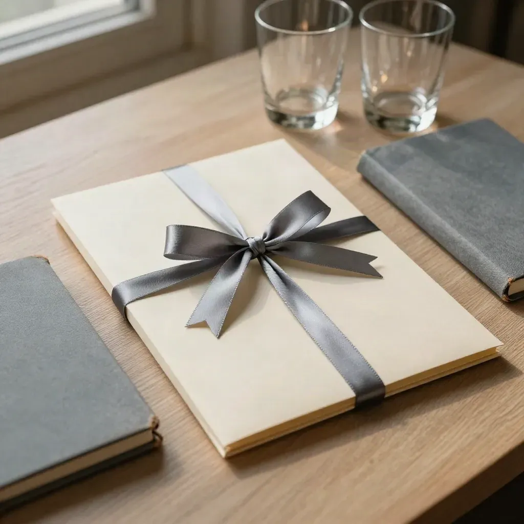 Slate-ribbon family packet with two notebooks and glass tumblers on a pale oak table.