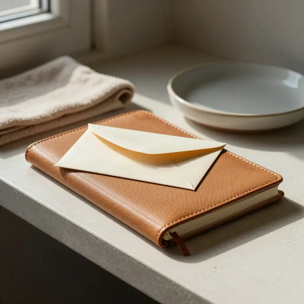 Leather notebook, cream envelope, cashmere cloth and ceramic dish on a quiet plaster shelf.