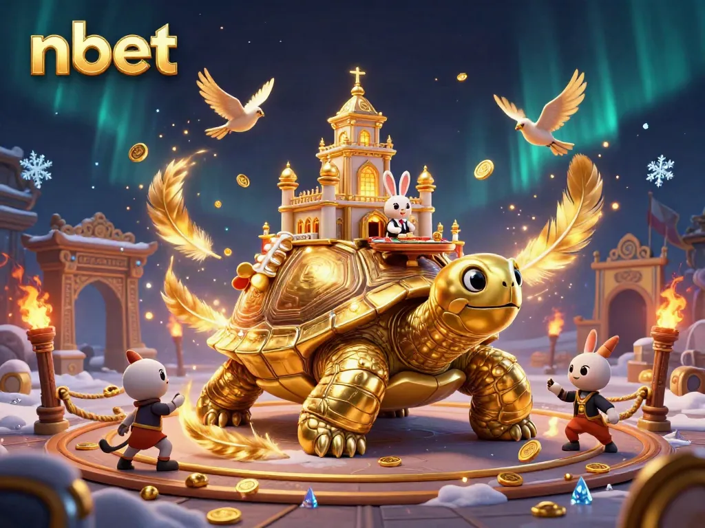 Engage with nbet at a vibrant casino scene featuring a golden tortoise and lively dealer.