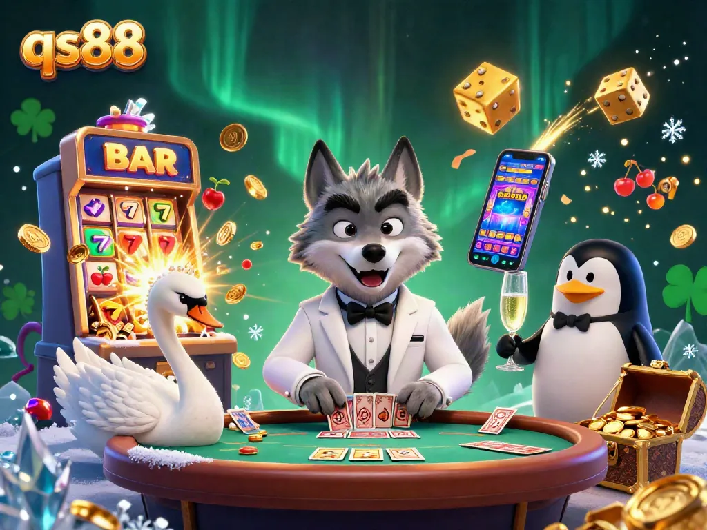 Experience thrilling gaming action with qs88 at a vibrant casino scene featuring a debonair wolf, an elegant swan, and a sophisticated penguin.