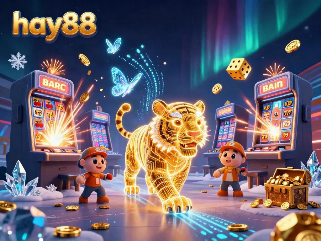 Experience gaming excitement at hay88 with a golden tiger and slot machine jackpot in a dazzling casino.