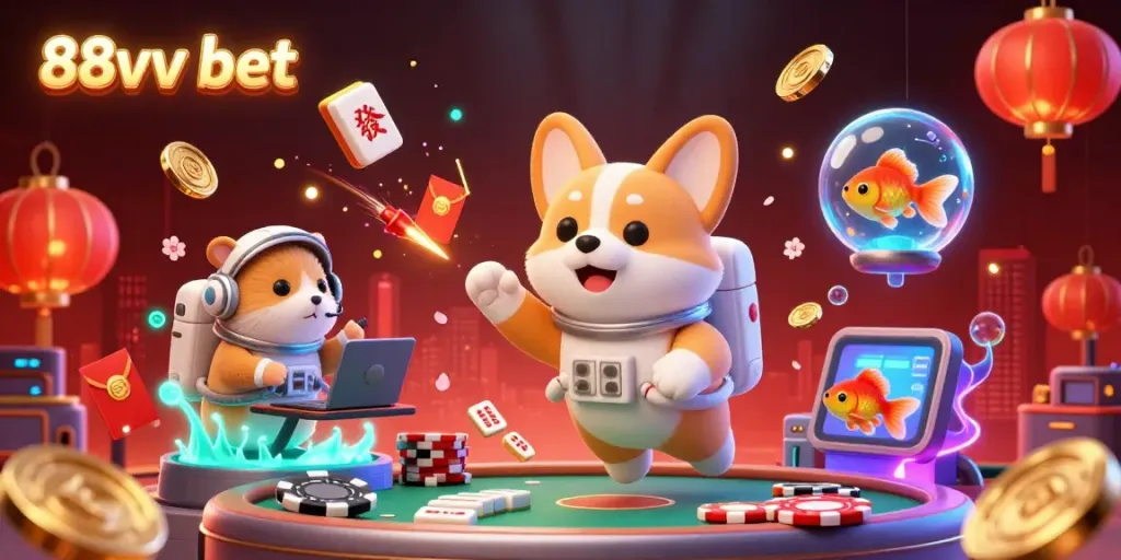 Engage with the 88vv bet scene featuring an astronaut corgi in a dynamic space casino atmosphere.