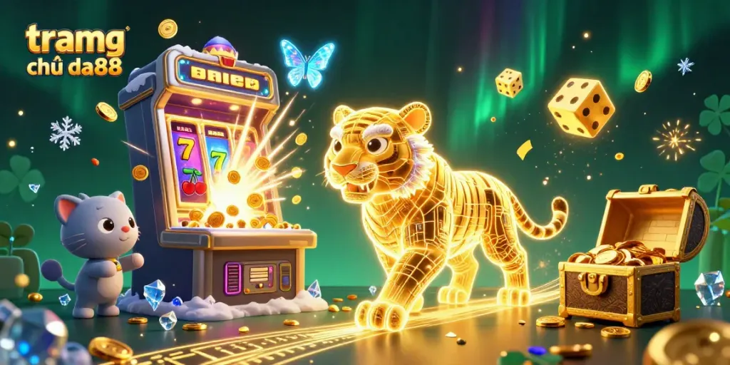 Experience excitement in tramg chủ da88 with a golden tiger challenging luck in a vibrant digital casino.