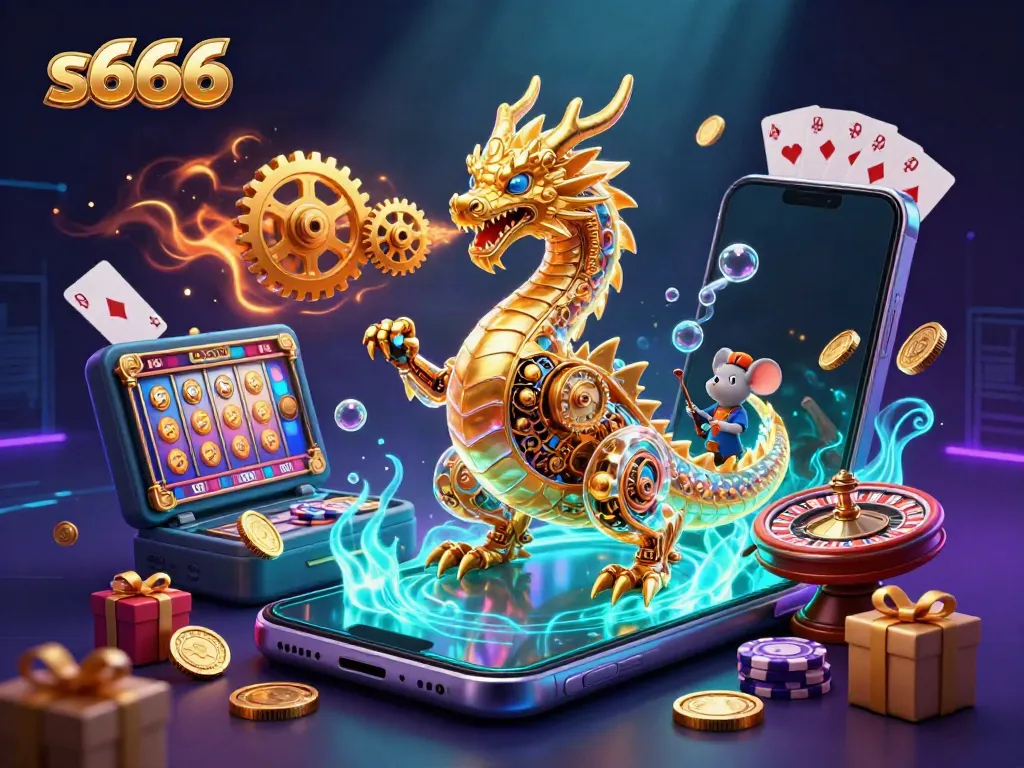 Engage in stunning gameplay with s666, illustrated by a golden dragon, mobile slots, and shimmering casino elements.