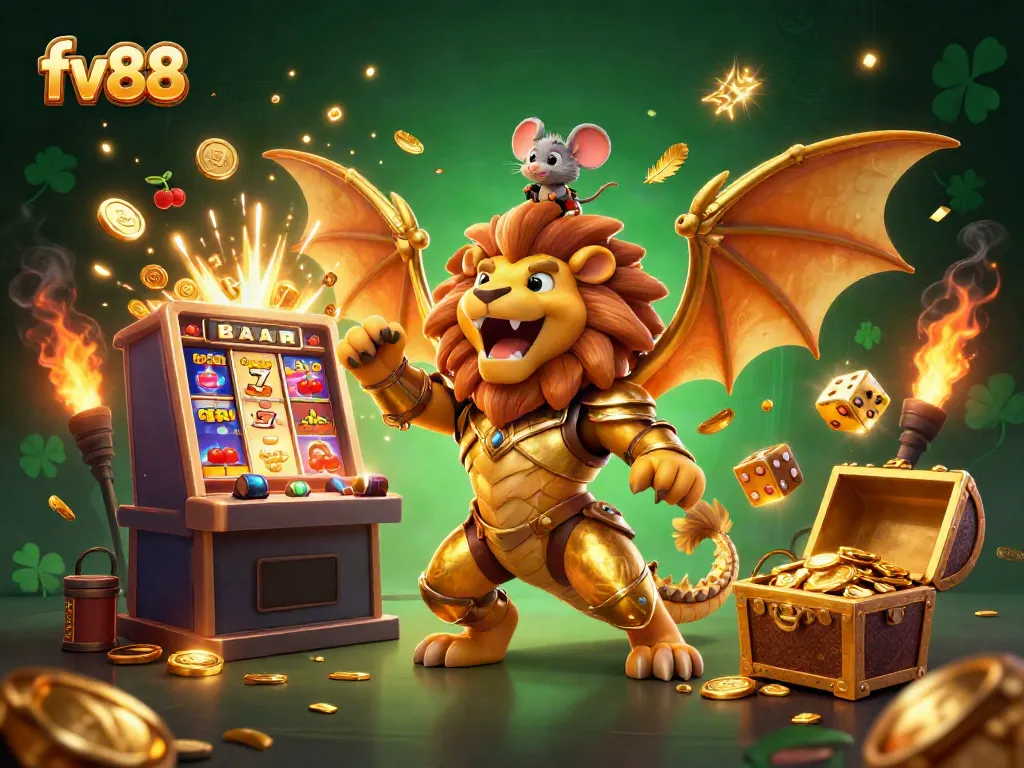 Experience thrilling jackpots at fv88 with an enchanting 3D scene of a golden chimera and vibrant casino elements.