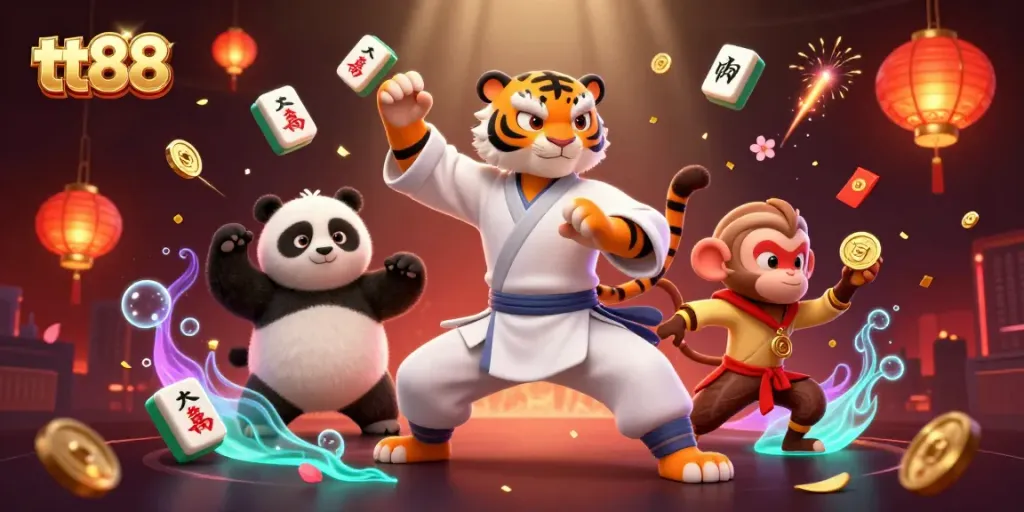 Engage with tt88 as the kung fu tiger master performs a winning crane stance in an animated casino adventure.