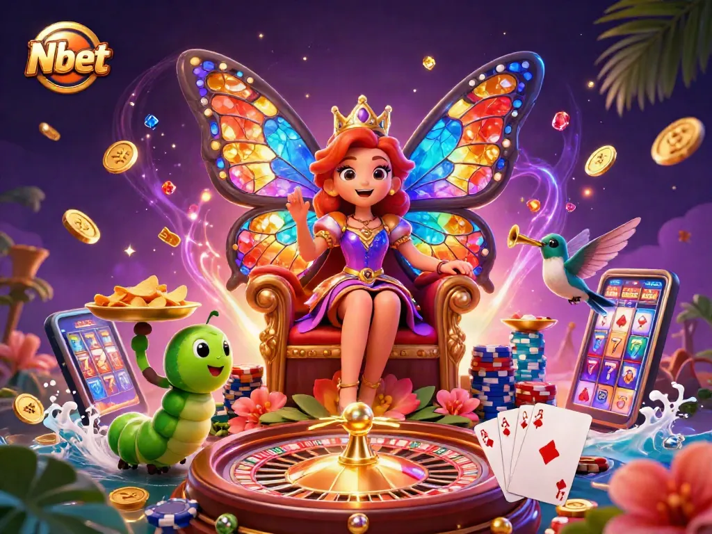 Nbet offers an enchanting casino experience with vibrant characters amid cascading gold coins and games.