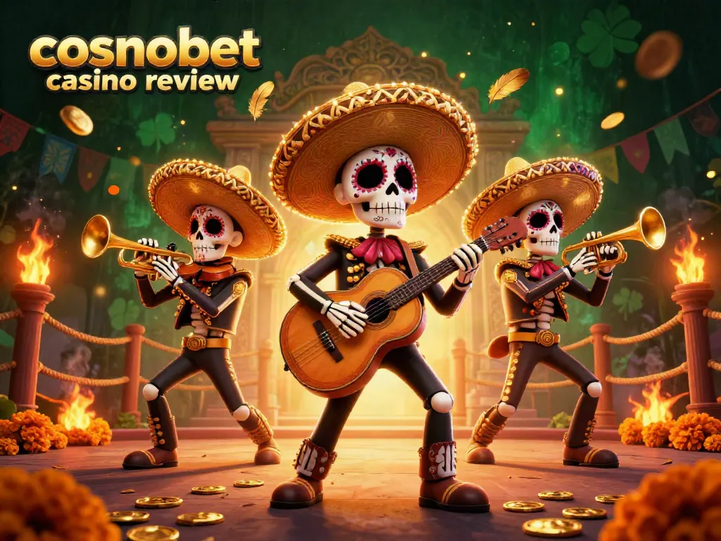 Experience the vibrant cosmobet casino review with dynamic 3D mariachi characters amidst stunning casino elements.