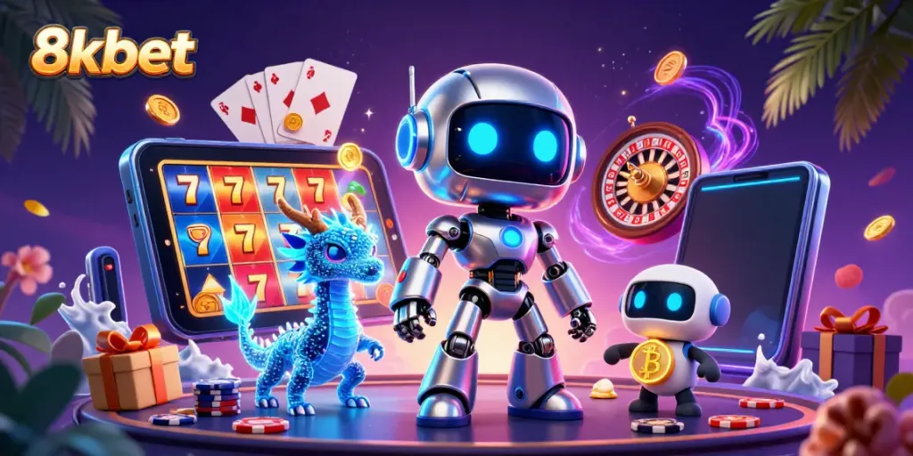 Experience excitement with 8kbet's vibrant 3D gaming scene showcasing dynamic casino elements and characters.