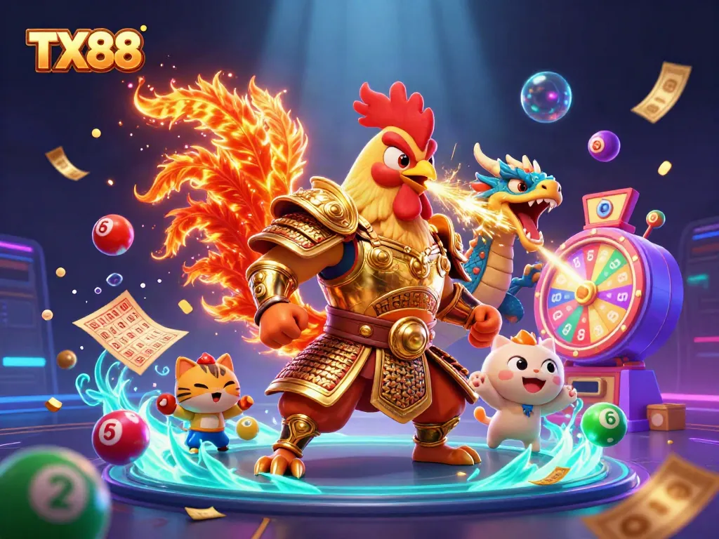 Win big at TX88 with a dynamic 3D illustration of a golden samurai rooster, dragon hatchling, and lottery elements.