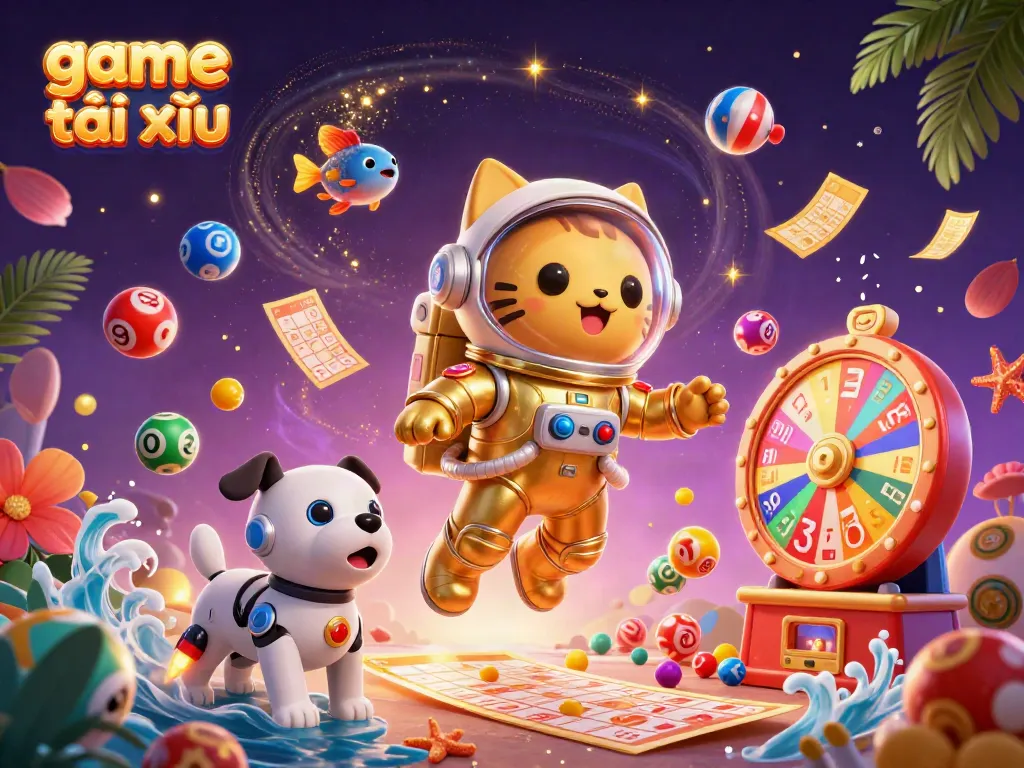 Engaging scene of game tài xỉu featuring a 3D astronaut cat, robot dog, and lottery elements.