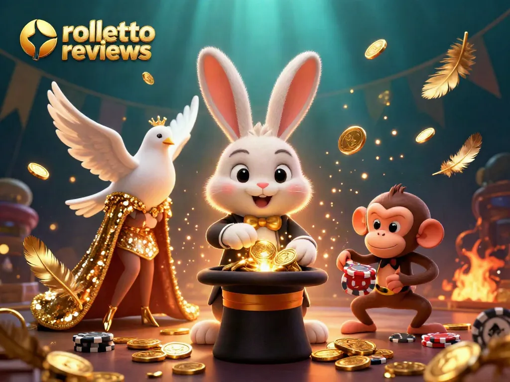 Engaging rolletto reviews scene with a magician rabbit, dove, and monkey amidst casino elements.
