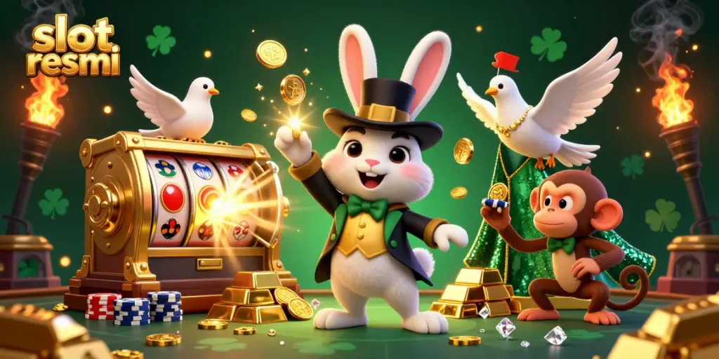 Watch the magician rabbit pull coins in a vibrant casino with "slot resmi" branding.