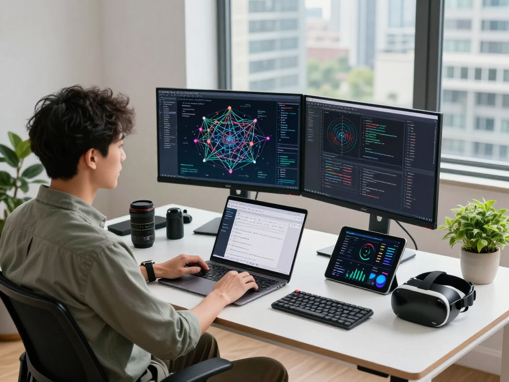 Engineer's workspace at ieee.org.uk with dual monitors showing code and analytics in a bright office.