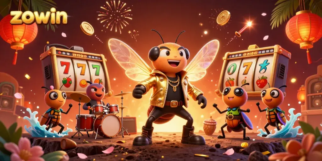Join the excitement at zowin with a dazzling 3D illustration showcasing a vibrant casino scene filled with joyful characters and game symbols.