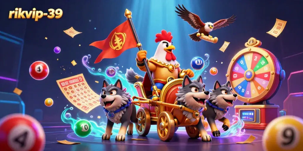Engage with rikvip-39's lottery excitement featuring dynamic gaming elements in a vibrant 3D illustration.