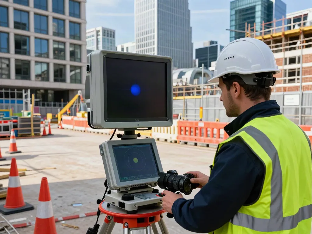GPR Survey London in action with a surveyor using Ground Penetrating Radar in an urban setting.