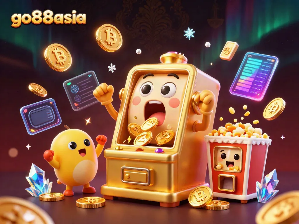 go88asia casino scene featuring a golden slot machine hitting a jackpot with cheers