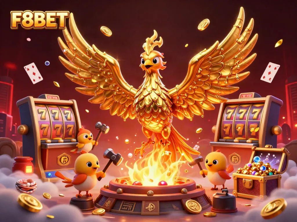 Experience thrilling slots and games with F8BET's dynamic 3D phoenix illustration bursting with gold.