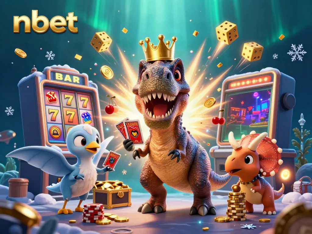 Engage with nbet's exciting 3D illustration of a playful T-Rex shuffling cards and friends surrounded by slot machine jackpots.