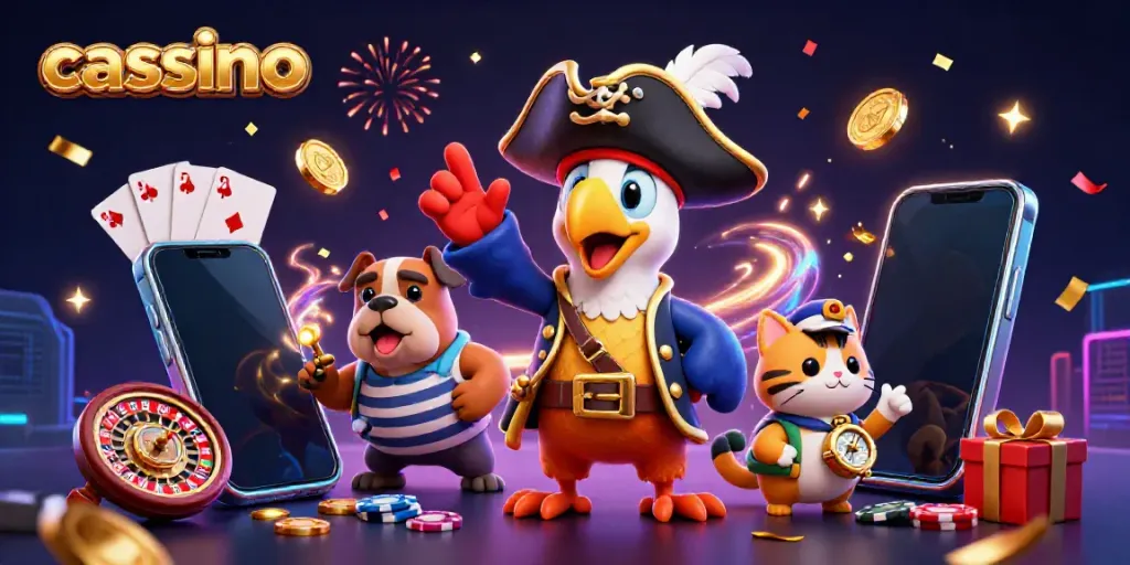 Spin the reels at the casino with pirate captain, bulldog first mate, and cat navigator.
