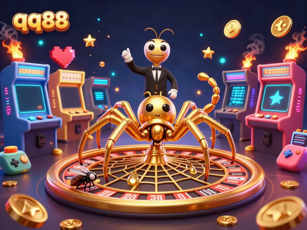 Bet on qq88 with a golden spider roulette web in an exciting casino-themed illustration.