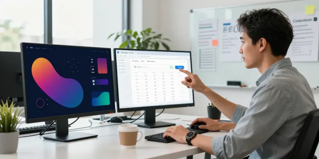Marketer analyzing data for instant indexing strategies in a modern office.