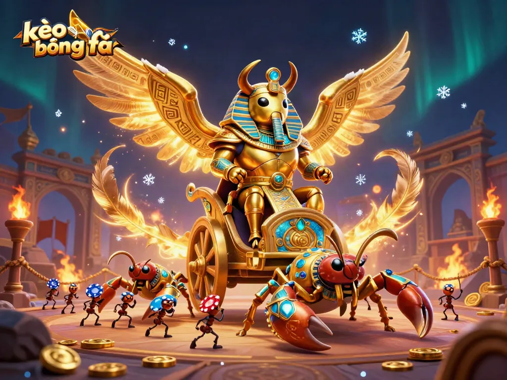 Experience exciting kèo bóng đá action with vibrant golden beetle and scorpion characters in a dynamic casino setting.