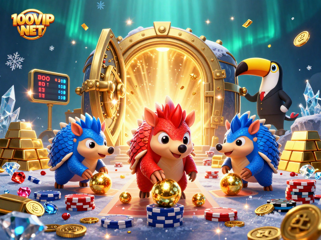 Engage in gameplay at 100VIP NET as rival pangolins roll bowling balls in a casino-themed dynamic scene.