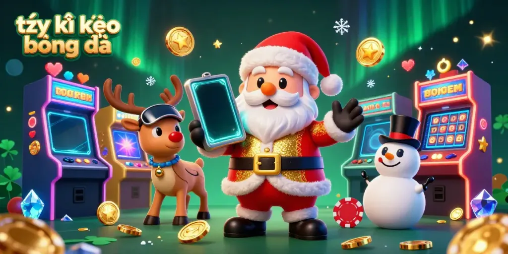 Engaging visual depicting tỷ lệ kèo bóng đá as Santa Claus, a reindeer, and a snowman celebrate in a vibrant casino.
