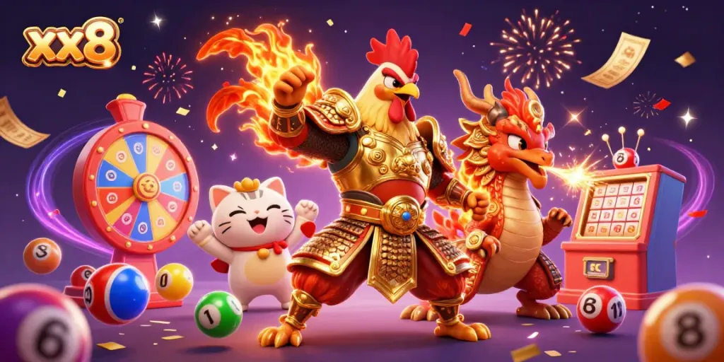 Engage in vibrant gaming with xx8 featuring a powerful rooster warrior and dragon amid colorful gambling elements.