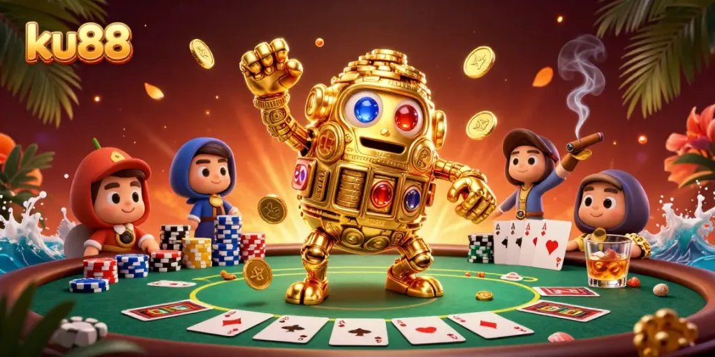 Experience gaming excitement with ku88's golden golem and vibrant poker atmosphere.