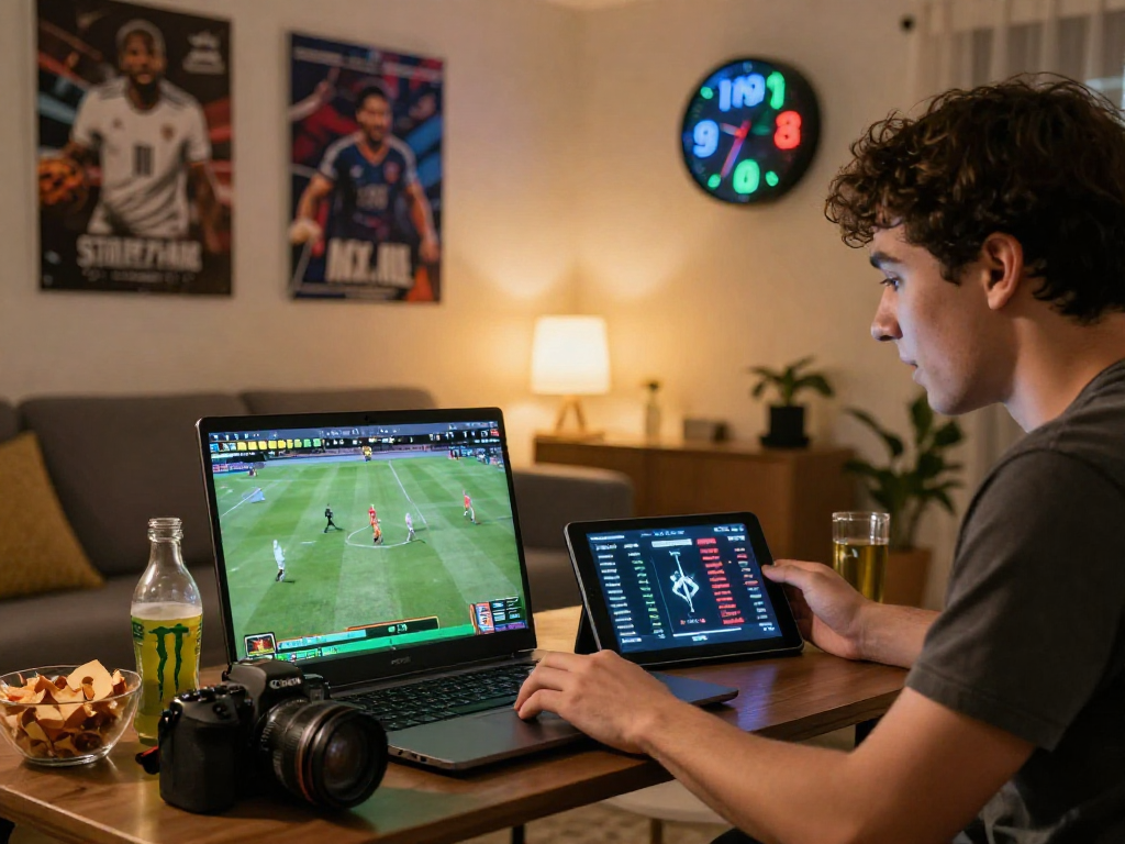 Engaged user enjoying CV666 live betting experience at home with snacks and sports stats on tablet.