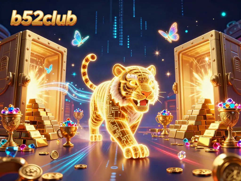 Experience excitement at b52club with a glowing 3D tiger in a dynamic casino scene filled with treasure.