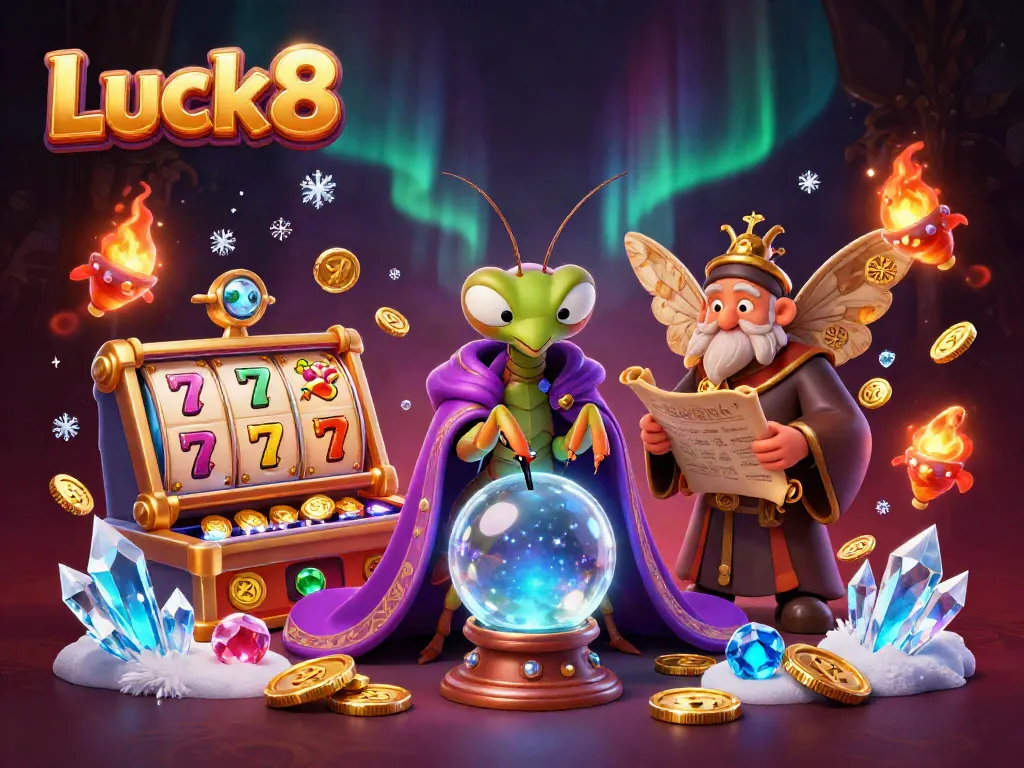 Luck8 engaging 3D scene showcasing fortune teller and gaming symbols, promoting online casino entertainment.
