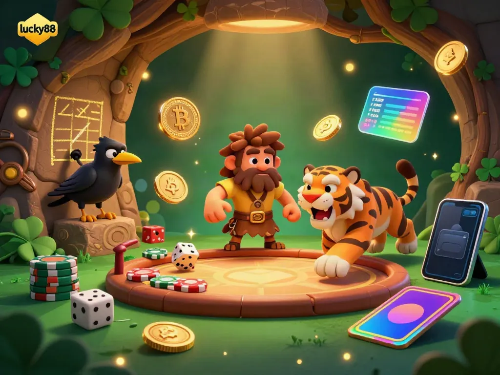 Engage in thrilling gameplay at lucky88 with a vibrant prehistoric casino featuring cartoon characters and crypto elements.