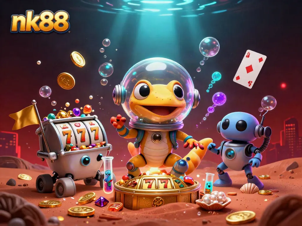 Explore exciting jackpots at nk88, featuring a Martian gecko discovering a golden casino.