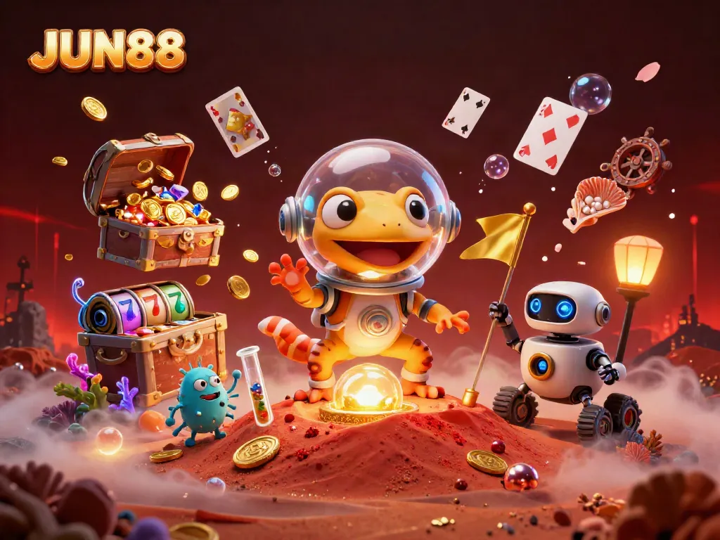 Experience the excitement of JUN88 with a Martian gecko discovering a golden casino filled with treasures!