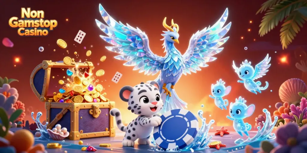 Engage with the vibrant world of Non Gamstop Casino through a 3D illustration featuring a mystical phoenix and playful elements.