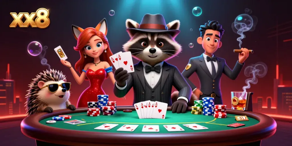 Play poker with a gentleman raccoon and elegant fox, showcasing xx8 in vibrant casino scene.