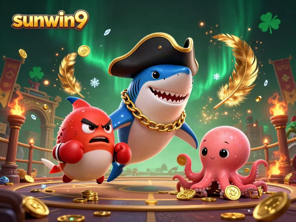Join the thrilling world of online gambling with sunwin9 featuring a pirate shark, pufferfish sidekick, and octopus with coins!